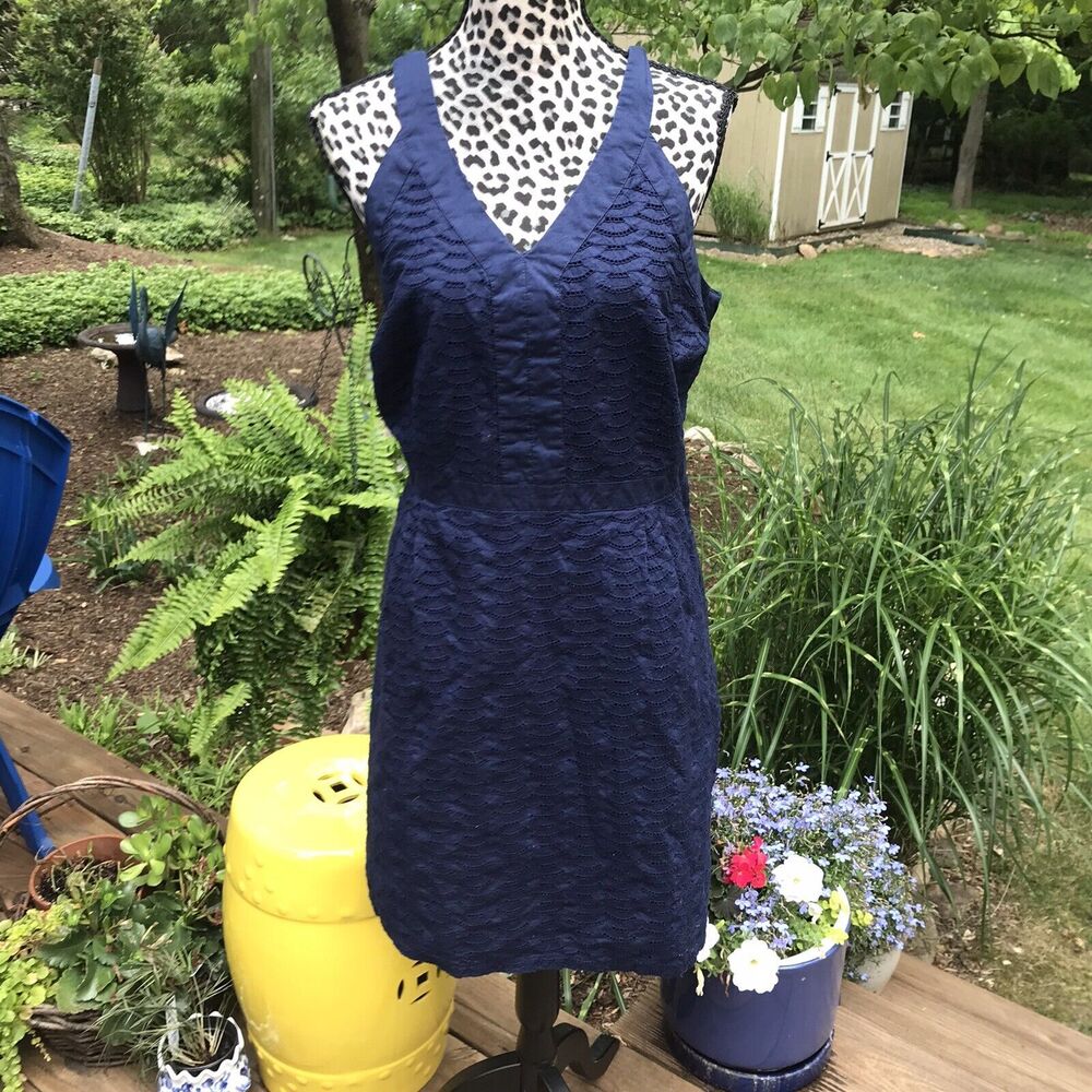 Old Navy Eyelet Tank Dress Sleeveless V-Neck 100% Cotton Navy Blue￼ 12 EUC